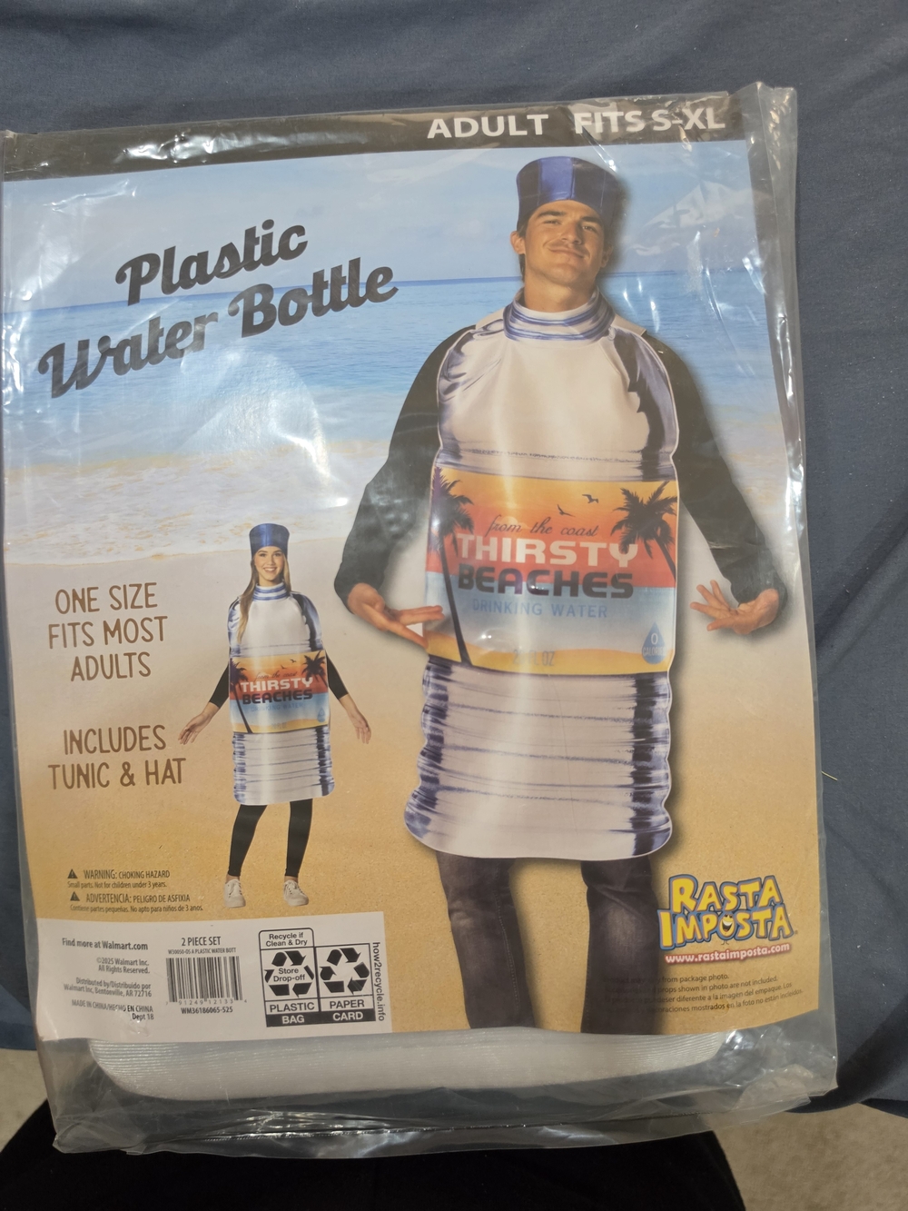 Thirsty Beaches Plastic Water Bottle Costume - Blue Fits Size S - XL